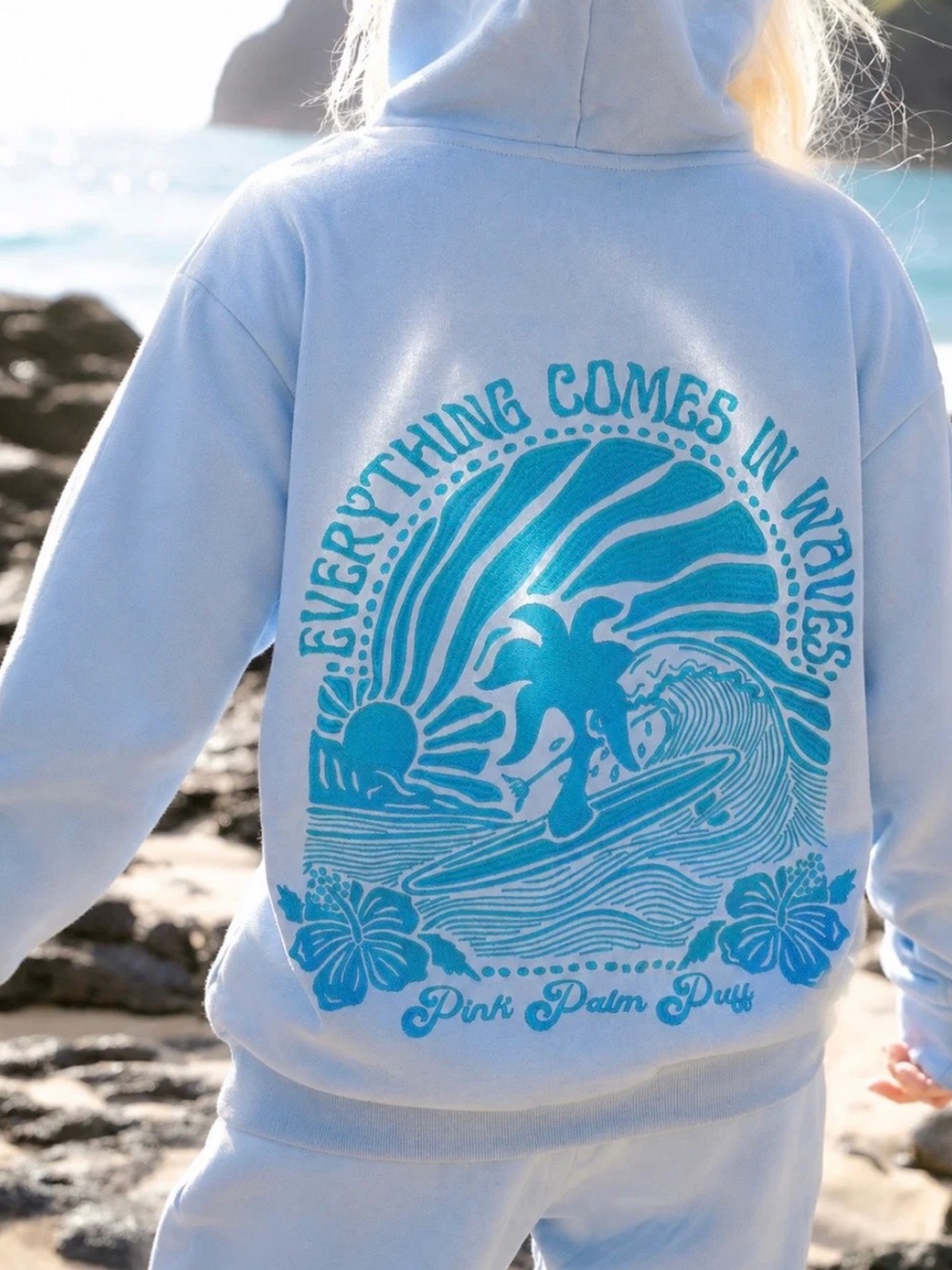 Pink Palm Puff Light Blue “Everything Comes in Waves” Hoodie [has stains!] - Picture 6 of 8